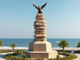 A 5-meter tall majestic sculpture made of stacked natural stones, featuring a prominent hexagonal base structure with a 6-meter diameter. At the very top, a beautifully sculpted, large-sized bronze dove is captured in mid-flight, symbolizing peace and freedom. The monument is situated in a public park right along the scenic beachfront of Sihanoukville, Cambodia. The base is surrounded by a lush coastal garden with native salt-tolerant plants and beach vegetation. Bright daylight, clear blue sky, soft ocean waves in the background, photorealistic, architectural rendering style, highly detailed stone and polished metal textures, 8k resolution.