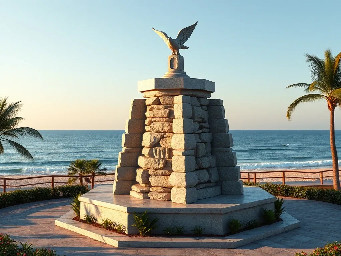 A majestic contemporary Khmer-style monument on the coastal beachfront park of Sihanoukville. The central structure is a 5-meter-tall hexagonal stone sculpture made of masterfully stacked natural stones, with a diameter of roughly 6 meters. At the very top, a beautifully carved stone dove, symbolizing freedom and peace, is depicted in a graceful flying posture. The base of the monument is seamlessly integrated into a beautifully landscaped garden featuring salt-tolerant coastal plants and marine flora. The overall design blends traditional Khmer art elements with modern architectural lines. Photorealistic, cinematic lighting, clear blue sky over the ocean background, morning golden hour, 8k resolution, highly detailed texture of the stone.