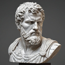 Buste en marbre d'un homme romain, d'une cinquantaine d'années, tête rasée, barbe courte légèrement bouclée, portant une cuirasse musclée.