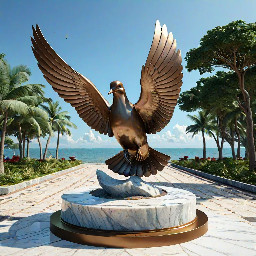 eautifully sculpted, large-sized bronze dove is captured in mid-flight, symbolizing peace and freedom. The monument is situated in a public park right along the scenic beachfront of Sihanoukville, Cambodia. The base is surrounded by a lush coastal garden with native salt-tolerant plants and beach vegetation. Bright daylight, clear blue sky, soft ocean waves in the background, photorealistic, architectural rendering style, highly detailed stone and polished metal textures, 8k resolution.