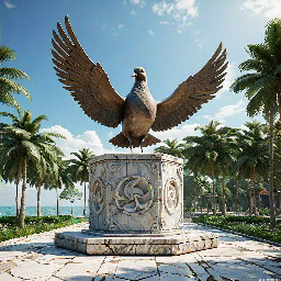 A 5-meter tall majestic sculpture made of stacked natural stones, featuring a prominent hexagonal base structure with a 6-meter diameter. At the very top, a beautifully sculpted, large-sized bronze dove is captured in mid-flight, symbolizing peace and freedom. The monument is situated in a public park right along the scenic beachfront of Sihanoukville, Cambodia. The base is surrounded by a lush coastal garden with native salt-tolerant plants and beach vegetation. Bright daylight, clear blue sky, soft ocean waves in the background, photorealistic, architectural rendering style, highly detailed stone and polished metal textures, 8k resolution.