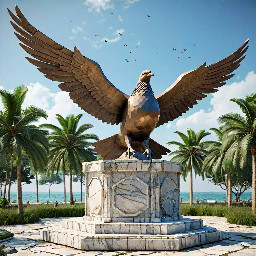 A 5-meter tall majestic sculpture made of stacked natural stones, featuring a prominent hexagonal base structure with a 6-meter diameter. At the very top, a beautifully sculpted, large-sized bronze dove is captured in mid-flight, symbolizing peace and freedom. The monument is situated in a public park right along the scenic beachfront of Sihanoukville, Cambodia. The base is surrounded by a lush coastal garden with native salt-tolerant plants and beach vegetation. Bright daylight, clear blue sky, soft ocean waves in the background, photorealistic, architectural rendering style, highly detailed stone and polished metal textures, 8k resolution.