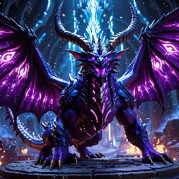World of Warcraft official concept art style, a high-resolution 4k wallpaper of Neltharaku the Netherwing dragon. Majestic pose, sharp details on horns and glowing eyes, ethereal energy flowing from his wings. Dark violet and neon purple color palette. Radiant energy particles floating around him. Unreal Engine 5 render, highly detailed, fantasy landscape background, 16:9 widescreen., cinematic shot, dynamic lighting, 75mm, Technicolor, Panavision, cinemascope, sharp focus, fine details, 8k, HDR, realism, realistic, key visual, film still, cinematic color grading, depth of field.  Overall, it's an absolute world-class cinematic masterpiece. It's an aesthetically pleasing cinematic shot with impeccable attention to detail and impressive composition.