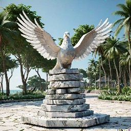 A 5-meter tall majestic sculpture made of stacked natural stones, featuring a hexagonal base structure with a 6-meter diameter. At the very top, a beautifully sculpted stone dove is captured in mid-flight, symbolizing peace and freedom. The monument is situated in a public park right along the scenic beachfront of Sihanoukville, Cambodia. The base is surrounded by a lush coastal garden with native salt-tolerant plants and beach vegetation. Bright daylight, clear blue sky, soft ocean waves in the background, photorealistic, architectural rendering style, highly detailed stone textures, 8k resolution.
