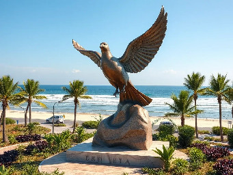 eautifully sculpted, large-sized bronze dove is captured in mid-flight, symbolizing peace and freedom. The monument is situated in a public park right along the scenic beachfront of Sihanoukville, Cambodia. The base is surrounded by a lush coastal garden with native salt-tolerant plants and beach vegetation. Bright daylight, clear blue sky, soft ocean waves in the background, photorealistic, architectural rendering style, highly detailed stone and polished metal textures, 8k resolution.