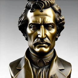 Escultura 3D detallada y real de Simón bolívar  con suaves texturas de bronce, que captura detalles intrincados de los rasgos faciales y la postura dinámica.