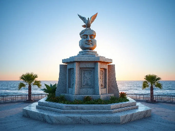 A majestic contemporary Khmer-style monument on the coastal beachfront park of Sihanoukville. The central structure is a 5-meter-tall hexagonal stone sculpture made of masterfully stacked natural stones, with a diameter of roughly 6 meters. At the very top, a beautifully carved stone dove, symbolizing freedom and peace, is depicted in a graceful flying posture. The base of the monument is seamlessly integrated into a beautifully landscaped garden featuring salt-tolerant coastal plants and marine flora. The overall design blends traditional Khmer art elements with modern architectural lines. Photorealistic, cinematic lighting, clear blue sky over the ocean background, morning golden hour, 8k resolution, highly detailed texture of the stone.