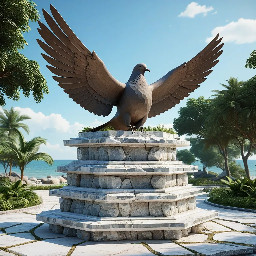 A 5-meter tall majestic sculpture made of stacked natural stones, featuring a prominent hexagonal base structure with a 6-meter diameter. At the very top, a beautifully sculpted, large-sized bronze dove is captured in mid-flight, symbolizing peace and freedom. The monument is situated in a public park right along the scenic beachfront of Sihanoukville, Cambodia. The base is surrounded by a lush coastal garden with native salt-tolerant plants and beach vegetation. Bright daylight, clear blue sky, soft ocean waves in the background, photorealistic, architectural rendering style, highly detailed stone and polished metal textures, 8k resolution.