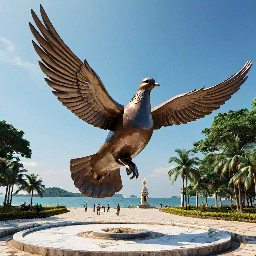 eautifully sculpted, large-sized bronze dove is captured in mid-flight, symbolizing peace and freedom. The monument is situated in a public park right along the scenic beachfront of Sihanoukville, Cambodia. The base is surrounded by a lush coastal garden with native salt-tolerant plants and beach vegetation. Bright daylight, clear blue sky, soft ocean waves in the background, photorealistic, architectural rendering style, highly detailed stone and polished metal textures, 8k resolution.