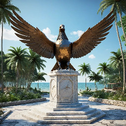 A 5-meter tall majestic sculpture made of stacked natural stones, featuring a prominent hexagonal base structure with a 6-meter diameter. At the very top, a beautifully sculpted, large-sized bronze dove is captured in mid-flight, symbolizing peace and freedom. The monument is situated in a public park right along the scenic beachfront of Sihanoukville, Cambodia. The base is surrounded by a lush coastal garden with native salt-tolerant plants and beach vegetation. Bright daylight, clear blue sky, soft ocean waves in the background, photorealistic, architectural rendering style, highly detailed stone and polished metal textures, 8k resolution.
