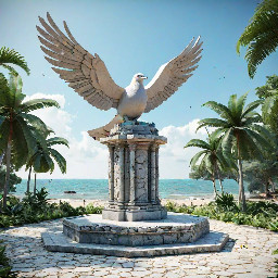 A 5-meter tall majestic sculpture made of stacked natural stones, featuring a hexagonal base structure with a 6-meter diameter. At the very top, a beautifully sculpted stone dove is captured in mid-flight, symbolizing peace and freedom. The monument is situated in a public park right along the scenic beachfront of Sihanoukville, Cambodia. The base is surrounded by a lush coastal garden with native salt-tolerant plants and beach vegetation. Bright daylight, clear blue sky, soft ocean waves in the background, photorealistic, architectural rendering style, highly detailed stone textures, 8k resolution.