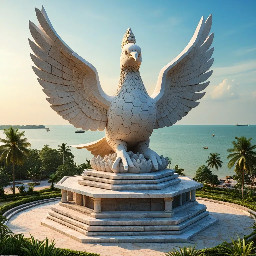 A majestic contemporary Khmer-style monument on the coastal beachfront park of Sihanoukville. The central structure is a 5-meter-tall hexagonal stone sculpture made of masterfully stacked natural stones, with a diameter of roughly 6 meters. At the very top, a beautifully carved stone dove, symbolizing freedom and peace, is depicted in a graceful flying posture. The base of the monument is seamlessly integrated into a beautifully landscaped garden featuring salt-tolerant coastal plants and marine flora. The overall design blends traditional Khmer art elements with modern architectural lines. Photorealistic, cinematic lighting, clear blue sky over the ocean background, morning golden hour, 8k resolution, highly detailed texture of the stone.