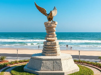 A 5-meter tall majestic sculpture made of stacked natural stones, featuring a prominent hexagonal base structure with a 6-meter diameter. At the very top, a beautifully sculpted, large-sized bronze dove is captured in mid-flight, symbolizing peace and freedom. The monument is situated in a public park right along the scenic beachfront of Sihanoukville, Cambodia. The base is surrounded by a lush coastal garden with native salt-tolerant plants and beach vegetation. Bright daylight, clear blue sky, soft ocean waves in the background, photorealistic, architectural rendering style, highly detailed stone and polished metal textures, 8k resolution.