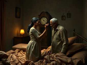 {a dimly lit|a shadow-drenched|a candle-flickering} {bedroom|guest room|private study} where Dheeraj, a {weathered yet alluring|delicate but strong|soft-featured with restless eyes} {45-year-old maid|housemaid in her prime|careworn domestic worker} stands hesitantly near {a mahogany dresser|an antique vanity|a rumpled bed}, her {sari slightly loosened|faded cotton nightgown clinging|work-worn hands trembling} as Vijay, her {broad-shouldered|silver-haired|commanding yet gentle} {56-year-old landlord|unmarried property owner|wealthy recluse}, reaches out to {cup her face|trace her collarbone|pull her close}. The air is thick with {unspoken longing|years of pent-up desire|electric hesitation}, their {age-worn|calloused|desperate} fingers entwining as {a storm rages outside|the grandfather clock chimes midnight|a single tear slips down Dheeraj's cheek}. The scene pulses with {raw, forbidden passion|aching vulnerability|the weight of lifetimes unlived}, their bodies {pressed together in the half-light|collapsing onto tangled sheets|frozen in the moment before surrender}, surrounded by {discarded household items|scattered account ledgers|the faint scent of jasmine oil}. {Oil painting style|film noir lighting|hyperrealistic detail} captures every {wrinkle of tension|fleeting glance|shuddering breath}, as the {cold, dark night|relentless monsoon rain|silent house} bears witness to their {clandestine union|long-awaited release|irrevocable crossing of lines}.