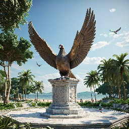 A 5-meter tall majestic sculpture made of stacked natural stones, featuring a prominent hexagonal base structure with a 6-meter diameter. At the very top, a beautifully sculpted, large-sized bronze dove is captured in mid-flight, symbolizing peace and freedom. The monument is situated in a public park right along the scenic beachfront of Sihanoukville, Cambodia. The base is surrounded by a lush coastal garden with native salt-tolerant plants and beach vegetation. Bright daylight, clear blue sky, soft ocean waves in the background, photorealistic, architectural rendering style, highly detailed stone and polished metal textures, 8k resolution.