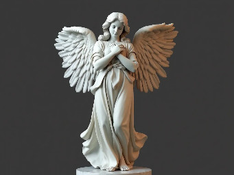 standing angel. wings folded. flowing gown to feet. left knee slightly forward. right hand relaxed extended. right index finger pointed. left hand relaxed extend. left palm up.