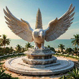 A majestic contemporary Khmer-style monument on the coastal beachfront park of Sihanoukville. The central structure is a 5-meter-tall hexagonal stone sculpture made of masterfully stacked natural stones, with a diameter of roughly 6 meters. At the very top, a beautifully carved stone dove, symbolizing freedom and peace, is depicted in a graceful flying posture. The base of the monument is seamlessly integrated into a beautifully landscaped garden featuring salt-tolerant coastal plants and marine flora. The overall design blends traditional Khmer art elements with modern architectural lines. Photorealistic, cinematic lighting, clear blue sky over the ocean background, morning golden hour, 8k resolution, highly detailed texture of the stone.
