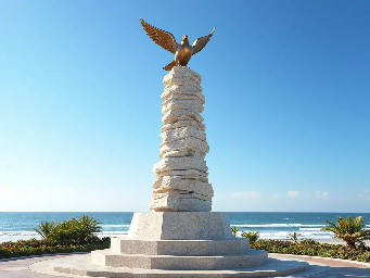 A 5-meter tall majestic sculpture made of stacked natural stones, featuring a prominent hexagonal base structure with a 6-meter diameter. At the very top, a beautifully sculpted, large-sized bronze dove is captured in mid-flight, symbolizing peace and freedom. The monument is situated in a public park right along the scenic beachfront of Sihanoukville, Cambodia. The base is surrounded by a lush coastal garden with native salt-tolerant plants and beach vegetation. Bright daylight, clear blue sky, soft ocean waves in the background, photorealistic, architectural rendering style, highly detailed stone and polished metal textures, 8k resolution.