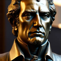 Escultura 3D detallada y real de Simón bolívar  con suaves texturas de bronce, que captura detalles intrincados de los rasgos faciales y la postura dinámica.