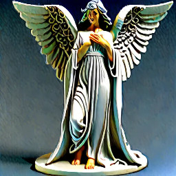 standing earth angel. wings tightly folded. flowing gown to feet. left knee slightly forward. right hand relaxed extended. right index finger pointed. left hand relaxed extend. left palm up.