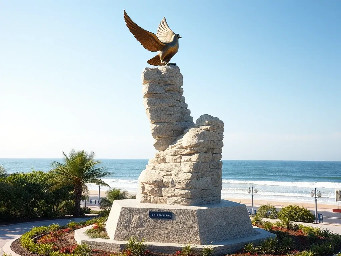 A 5-meter tall majestic sculpture made of stacked natural stones, featuring a prominent hexagonal base structure with a 6-meter diameter. At the very top, a beautifully sculpted, large-sized bronze dove is captured in mid-flight, symbolizing peace and freedom. The monument is situated in a public park right along the scenic beachfront of Sihanoukville, Cambodia. The base is surrounded by a lush coastal garden with native salt-tolerant plants and beach vegetation. Bright daylight, clear blue sky, soft ocean waves in the background, photorealistic, architectural rendering style, highly detailed stone and polished metal textures, 8k resolution.