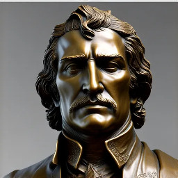 Escultura 3D detallada y real de Simón bolívar  con suaves texturas de bronce, que captura detalles intrincados de los rasgos faciales y la postura dinámica.