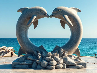 A professional architectural photograph of a large public monument featuring two beautiful dolphins sculpted from ancient grey sandstone. The two dolphins are facing each other, curving their bodies to form the shape of a heart, symbolizing love and peace. The base of the statue transitions into a detailed, natural-looking coral reef structure made of layered stones. The monument is situated in the center of a spacious coastal public square next to the blue ocean. Bright daytime, sunny weather, clear blue sky, cinematic lighting, highly detailed stone texture, photorealistic, 8k resolution.