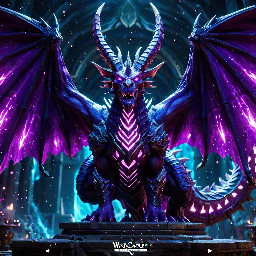 World of Warcraft official concept art style, a high-resolution 4k wallpaper of Neltharaku the Netherwing dragon. Majestic pose, sharp details on horns and glowing eyes, ethereal energy flowing from his wings. Dark violet and neon purple color palette. Radiant energy particles floating around him. Unreal Engine 5 render, highly detailed, fantasy landscape background, 16:9 widescreen., cinematic shot, dynamic lighting, 75mm, Technicolor, Panavision, cinemascope, sharp focus, fine details, 8k, HDR, realism, realistic, key visual, film still, cinematic color grading, depth of field.  Overall, it's an absolute world-class cinematic masterpiece. It's an aesthetically pleasing cinematic shot with impeccable attention to detail and impressive composition.