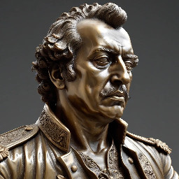 Escultura 3D detallada y real de Simón bolívar  con suaves texturas de bronce, que captura detalles intrincados de los rasgos faciales y la postura dinámica.