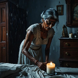 {a dimly lit|a shadow-drenched|a candle-flickering} {bedroom|guest room|private study} where Dheeraj, a {weathered yet alluring|delicate but strong|soft-featured with restless eyes} {45-year-old maid|housemaid in her prime|careworn domestic worker} stands hesitantly near {a mahogany dresser|an antique vanity|a rumpled bed}, her {sari slightly loosened|faded cotton nightgown clinging|work-worn hands trembling} as Vijay, her {broad-shouldered|silver-haired|commanding yet gentle} {56-year-old landlord|unmarried property owner|wealthy recluse}, reaches out to {cup her face|trace her collarbone|pull her close}. The air is thick with {unspoken longing|years of pent-up desire|electric hesitation}, their {age-worn|calloused|desperate} fingers entwining as {a storm rages outside|the grandfather clock chimes midnight|a single tear slips down Dheeraj's cheek}. The scene pulses with {raw, forbidden passion|aching vulnerability|the weight of lifetimes unlived}, their bodies {pressed together in the half-light|collapsing onto tangled sheets|frozen in the moment before surrender}, surrounded by {discarded household items|scattered account ledgers|the faint scent of jasmine oil}. {Oil painting style|film noir lighting|hyperrealistic detail} captures every {wrinkle of tension|fleeting glance|shuddering breath}, as the {cold, dark night|relentless monsoon rain|silent house} bears witness to their {clandestine union|long-awaited release|irrevocable crossing of lines}.