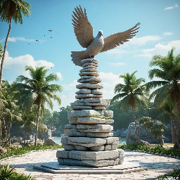 A 5-meter tall majestic sculpture made of stacked natural stones, featuring a hexagonal base structure with a 6-meter diameter. At the very top, a beautifully sculpted stone dove is captured in mid-flight, symbolizing peace and freedom. The monument is situated in a public park right along the scenic beachfront of Sihanoukville, Cambodia. The base is surrounded by a lush coastal garden with native salt-tolerant plants and beach vegetation. Bright daylight, clear blue sky, soft ocean waves in the background, photorealistic, architectural rendering style, highly detailed stone textures, 8k resolution.