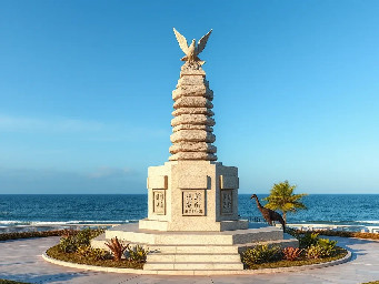 A majestic contemporary Khmer-style monument on the coastal beachfront park of Sihanoukville. The central structure is a 5-meter-tall hexagonal stone sculpture made of masterfully stacked natural stones, with a diameter of roughly 6 meters. At the very top, a beautifully carved stone dove, symbolizing freedom and peace, is depicted in a graceful flying posture. The base of the monument is seamlessly integrated into a beautifully landscaped garden featuring salt-tolerant coastal plants and marine flora. The overall design blends traditional Khmer art elements with modern architectural lines. Photorealistic, cinematic lighting, clear blue sky over the ocean background, morning golden hour, 8k resolution, highly detailed texture of the stone.