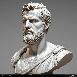Buste en marbre d'un homme romain, d'une cinquantaine d'années, tête rasée, barbe courte légèrement bouclée, portant une cuirasse musclée.