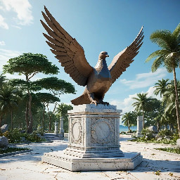 A 5-meter tall majestic sculpture made of stacked natural stones, featuring a prominent hexagonal base structure with a 6-meter diameter. At the very top, a beautifully sculpted, large-sized bronze dove is captured in mid-flight, symbolizing peace and freedom. The monument is situated in a public park right along the scenic beachfront of Sihanoukville, Cambodia. The base is surrounded by a lush coastal garden with native salt-tolerant plants and beach vegetation. Bright daylight, clear blue sky, soft ocean waves in the background, photorealistic, architectural rendering style, highly detailed stone and polished metal textures, 8k resolution.