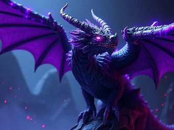 World of Warcraft official concept art style, a high-resolution 4k wallpaper of Neltharaku the Netherwing dragon. Majestic pose, sharp details on horns and glowing eyes, ethereal energy flowing from his wings. Dark violet and neon purple color palette. Radiant energy particles floating around him. Unreal Engine 5 render, highly detailed, fantasy landscape background, 16:9 widescreen., cinematic shot, dynamic lighting, 75mm, Technicolor, Panavision, cinemascope, sharp focus, fine details, 8k, HDR, realism, realistic, key visual, film still, cinematic color grading, depth of field.  Overall, it's an absolute world-class cinematic masterpiece. It's an aesthetically pleasing cinematic shot with impeccable attention to detail and impressive composition.
