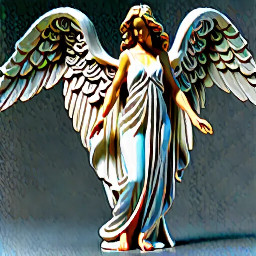 standing angel. wings folded. flowing gown to feet. left knee slightly forward. right hand relaxed extended. right index finger pointed. left hand relaxed extend. left palm up.