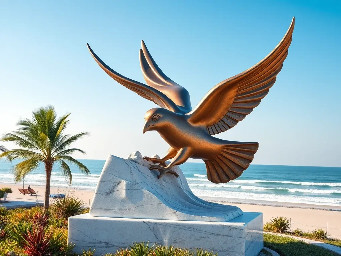 eautifully sculpted, large-sized bronze dove is captured in mid-flight, symbolizing peace and freedom. The monument is situated in a public park right along the scenic beachfront of Sihanoukville, Cambodia. The base is surrounded by a lush coastal garden with native salt-tolerant plants and beach vegetation. Bright daylight, clear blue sky, soft ocean waves in the background, photorealistic, architectural rendering style, highly detailed stone and polished metal textures, 8k resolution.