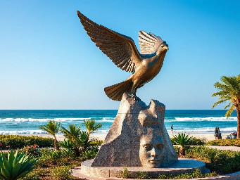 eautifully sculpted, large-sized bronze dove is captured in mid-flight, symbolizing peace and freedom. The monument is situated in a public park right along the scenic beachfront of Sihanoukville, Cambodia. The base is surrounded by a lush coastal garden with native salt-tolerant plants and beach vegetation. Bright daylight, clear blue sky, soft ocean waves in the background, photorealistic, architectural rendering style, highly detailed stone and polished metal textures, 8k resolution.