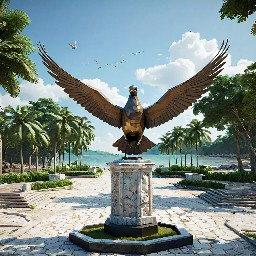 A 5-meter tall majestic sculpture made of stacked natural stones, featuring a prominent hexagonal base structure with a 6-meter diameter. At the very top, a beautifully sculpted, large-sized bronze dove is captured in mid-flight, symbolizing peace and freedom. The monument is situated in a public park right along the scenic beachfront of Sihanoukville, Cambodia. The base is surrounded by a lush coastal garden with native salt-tolerant plants and beach vegetation. Bright daylight, clear blue sky, soft ocean waves in the background, photorealistic, architectural rendering style, highly detailed stone and polished metal textures, 8k resolution.