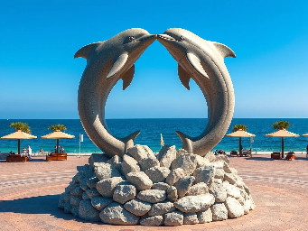 A professional architectural photograph of a large public monument featuring two beautiful dolphins sculpted from ancient grey sandstone. The two dolphins are facing each other, curving their bodies to form the shape of a heart, symbolizing love and peace. The base of the statue transitions into a detailed, natural-looking coral reef structure made of layered stones. The monument is situated in the center of a spacious coastal public square next to the blue ocean. Bright daytime, sunny weather, clear blue sky, cinematic lighting, highly detailed stone texture, photorealistic, 8k resolution.