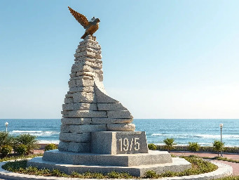 A 5-meter tall majestic sculpture made of stacked natural stones, featuring a prominent hexagonal base structure with a 6-meter diameter. At the very top, a beautifully sculpted, large-sized bronze dove is captured in mid-flight, symbolizing peace and freedom. The monument is situated in a public park right along the scenic beachfront of Sihanoukville, Cambodia. The base is surrounded by a lush coastal garden with native salt-tolerant plants and beach vegetation. Bright daylight, clear blue sky, soft ocean waves in the background, photorealistic, architectural rendering style, highly detailed stone and polished metal textures, 8k resolution.