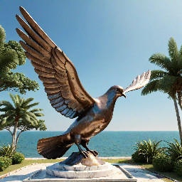 eautifully sculpted, large-sized bronze dove is captured in mid-flight, symbolizing peace and freedom. The monument is situated in a public park right along the scenic beachfront of Sihanoukville, Cambodia. The base is surrounded by a lush coastal garden with native salt-tolerant plants and beach vegetation. Bright daylight, clear blue sky, soft ocean waves in the background, photorealistic, architectural rendering style, highly detailed stone and polished metal textures, 8k resolution.