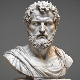 Buste en marbre d'un homme romain, d'une quarantaine d'années, cheveux ras, barbe courte légèrement bouclée, portant une cuirasse musclée et un paludamentum par-dessus.