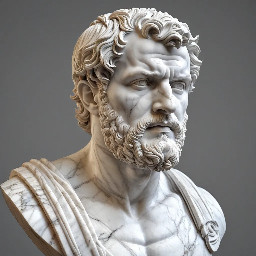 Buste en marbre d'un homme romain, d'une cinquantaine d'années, tête rasée, barbe courte légèrement bouclée, portant une cuirasse musclée.
