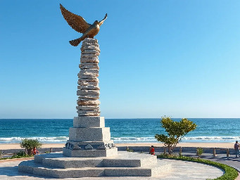 A 5-meter tall majestic sculpture made of stacked natural stones, featuring a prominent hexagonal base structure with a 6-meter diameter. At the very top, a beautifully sculpted, large-sized bronze dove is captured in mid-flight, symbolizing peace and freedom. The monument is situated in a public park right along the scenic beachfront of Sihanoukville, Cambodia. The base is surrounded by a lush coastal garden with native salt-tolerant plants and beach vegetation. Bright daylight, clear blue sky, soft ocean waves in the background, photorealistic, architectural rendering style, highly detailed stone and polished metal textures, 8k resolution.