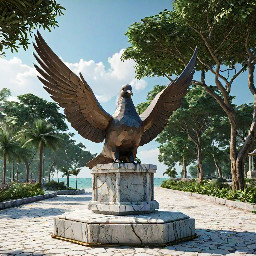 A 5-meter tall majestic sculpture made of stacked natural stones, featuring a prominent hexagonal base structure with a 6-meter diameter. At the very top, a beautifully sculpted, large-sized bronze dove is captured in mid-flight, symbolizing peace and freedom. The monument is situated in a public park right along the scenic beachfront of Sihanoukville, Cambodia. The base is surrounded by a lush coastal garden with native salt-tolerant plants and beach vegetation. Bright daylight, clear blue sky, soft ocean waves in the background, photorealistic, architectural rendering style, highly detailed stone and polished metal textures, 8k resolution.