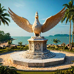 A majestic contemporary Khmer-style monument on the coastal beachfront park of Sihanoukville. The central structure is a 5-meter-tall hexagonal stone sculpture made of masterfully stacked natural stones, with a diameter of roughly 6 meters. At the very top, a beautifully carved stone dove, symbolizing freedom and peace, is depicted in a graceful flying posture. The base of the monument is seamlessly integrated into a beautifully landscaped garden featuring salt-tolerant coastal plants and marine flora. The overall design blends traditional Khmer art elements with modern architectural lines. Photorealistic, cinematic lighting, clear blue sky over the ocean background, morning golden hour, 8k resolution, highly detailed texture of the stone.