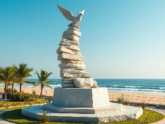 A 5-meter tall majestic sculpture made of stacked natural stones, featuring a hexagonal base structure with a 6-meter diameter. At the very top, a beautifully sculpted stone dove is captured in mid-flight, symbolizing peace and freedom. The monument is situated in a public park right along the scenic beachfront of Sihanoukville, Cambodia. The base is surrounded by a lush coastal garden with native salt-tolerant plants and beach vegetation. Bright daylight, clear blue sky, soft ocean waves in the background, photorealistic, architectural rendering style, highly detailed stone textures, 8k resolution.