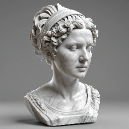 Buste en marbre d'une femme romaine, d'une vingtaine d'années, avec une coiffure élaborée.