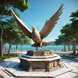 A 5-meter tall majestic sculpture made of stacked natural stones, featuring a prominent hexagonal base structure with a 6-meter diameter. At the very top, a beautifully sculpted, large-sized bronze dove is captured in mid-flight, symbolizing peace and freedom. The monument is situated in a public park right along the scenic beachfront of Sihanoukville, Cambodia. The base is surrounded by a lush coastal garden with native salt-tolerant plants and beach vegetation. Bright daylight, clear blue sky, soft ocean waves in the background, photorealistic, architectural rendering style, highly detailed stone and polished metal textures, 8k resolution.